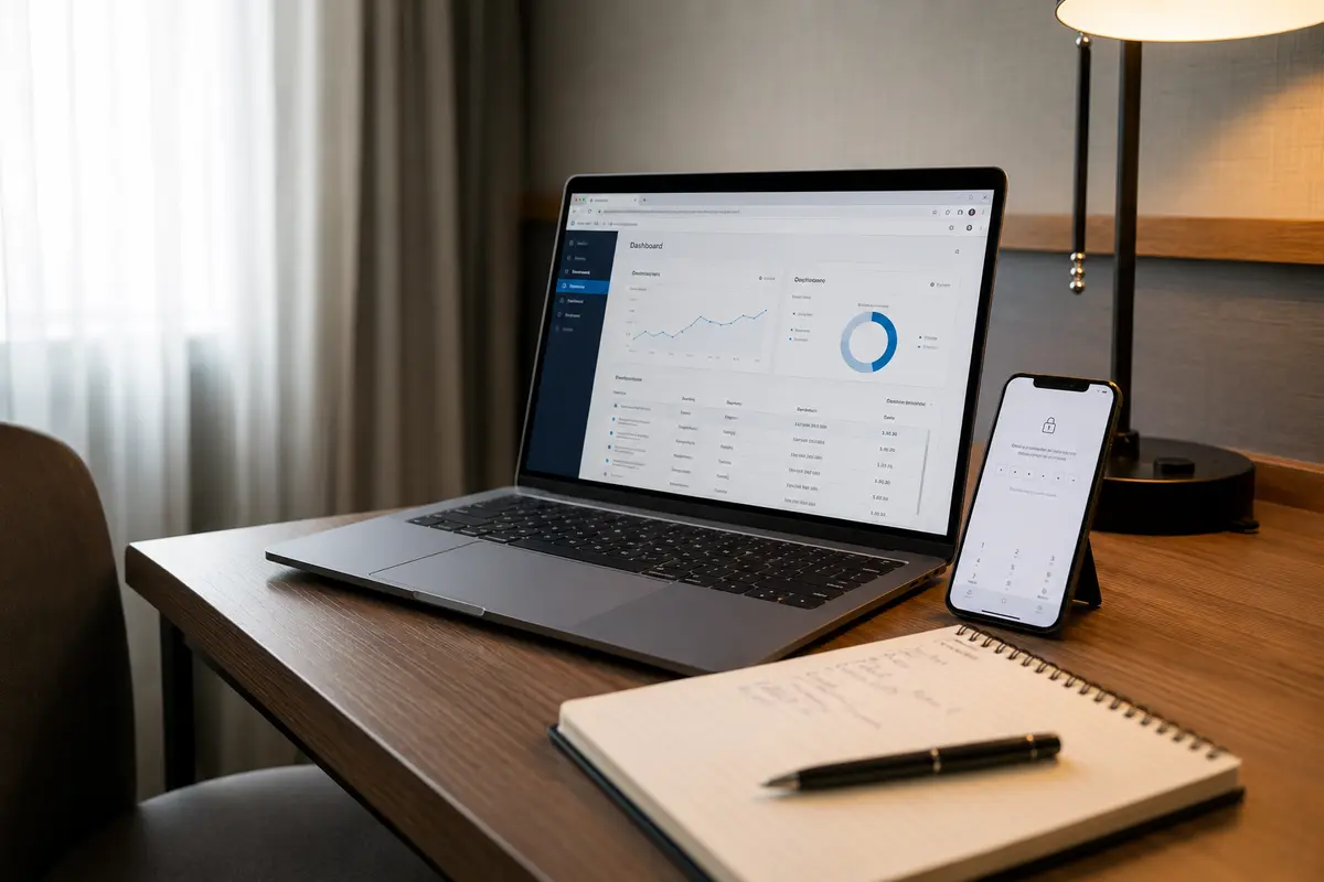 Notebook e telemóvel preparados juntos com um código de verificação simples
