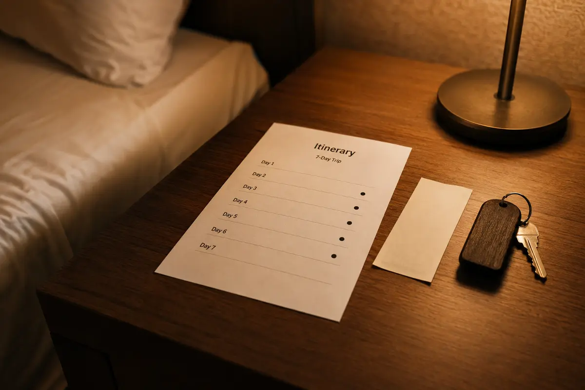 Itinerário de sete dias ao lado da chave do quarto de hotel
