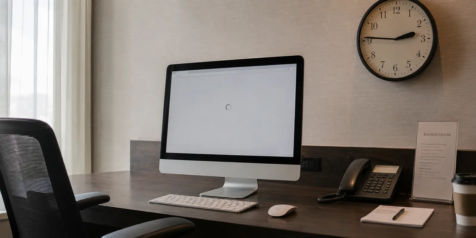 Computador de hotel com uma página presa no carregamento pouco antes de uma chamada de trabalho