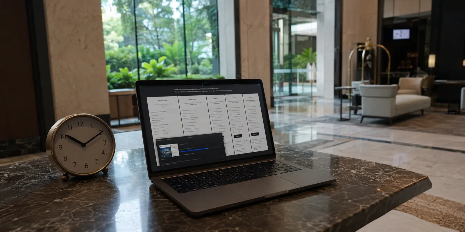 Notebook em um hotel de São Paulo com vários planos para comparar antes de uma reunião