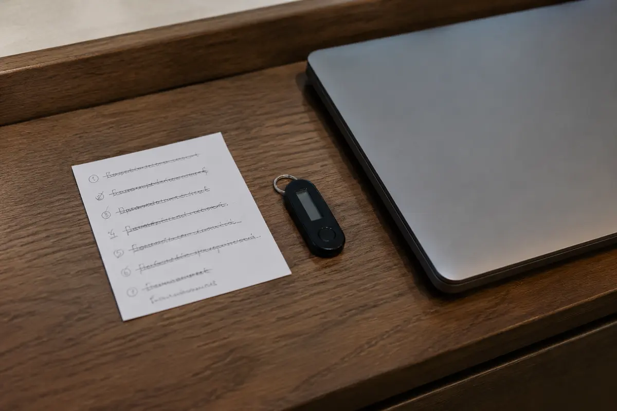 Lista de etapas de ativação ao lado de um token e um notebook fechado