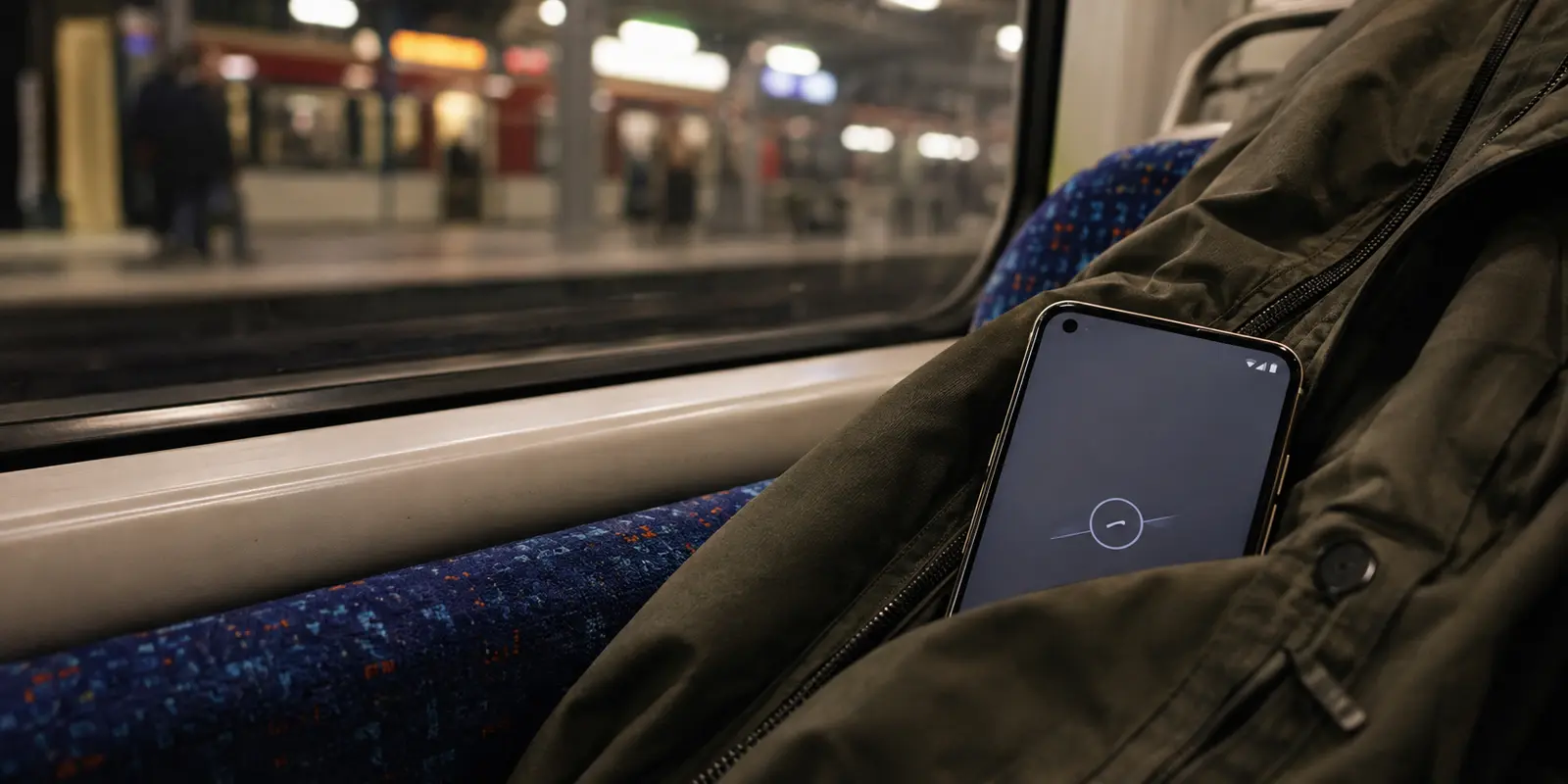 Telemóvel Android num bolso durante uma viagem de metro com a ligação interrompida