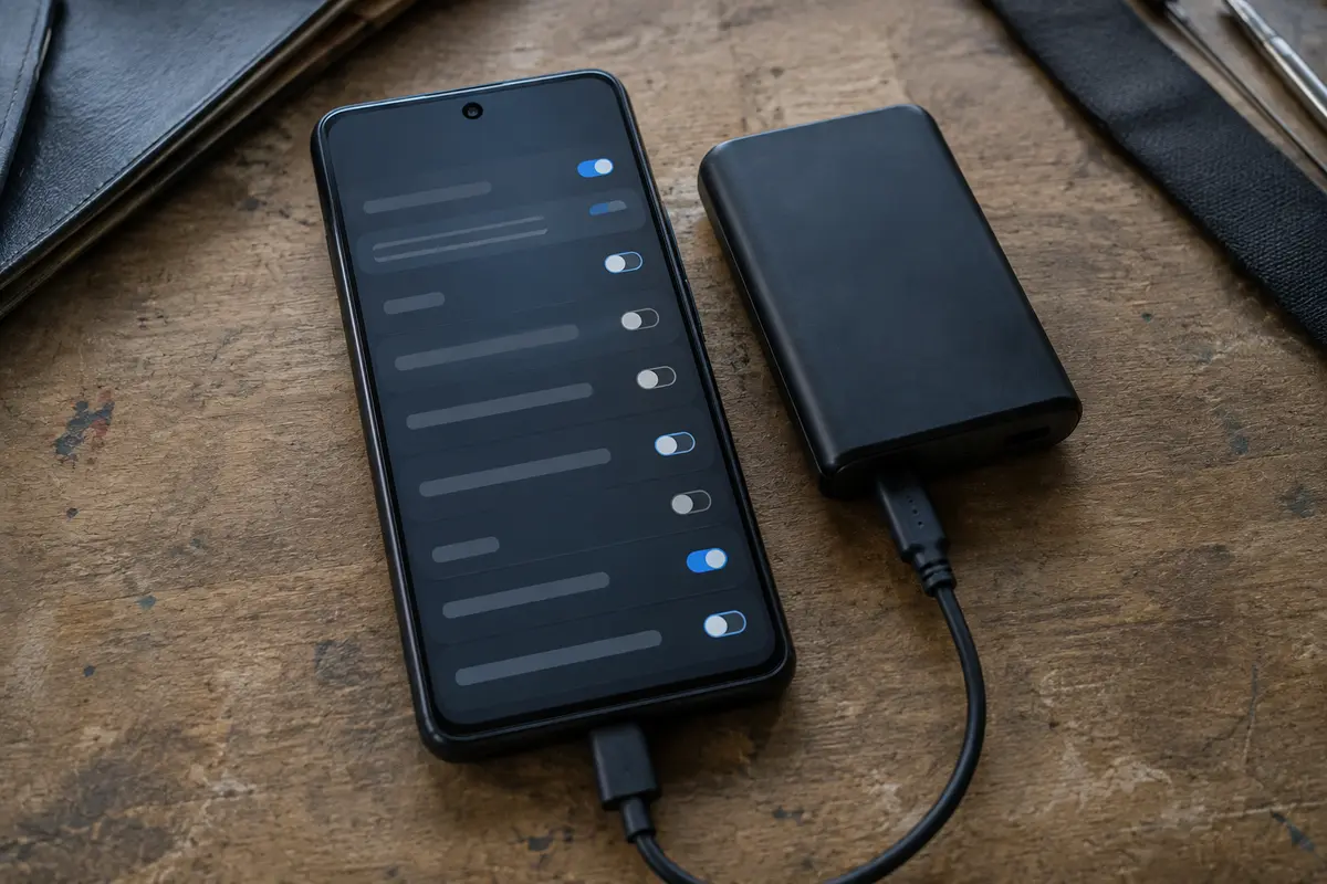 Telemóvel Android com definições de bateria ao lado de uma bateria externa