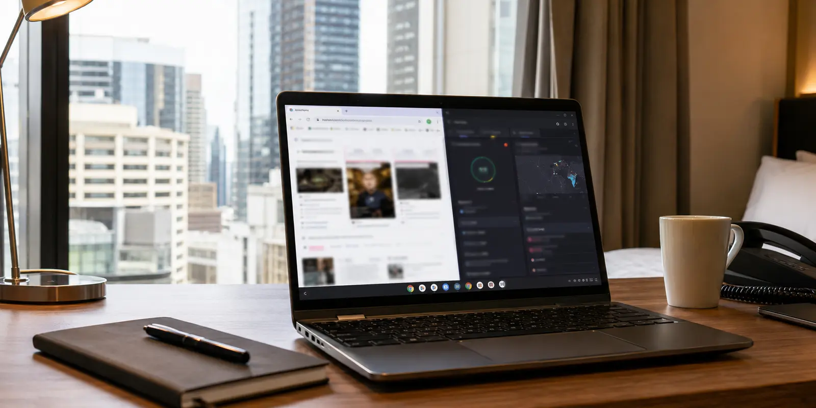 Chromebook num hotel com o navegador e uma aplicação Android a usar ligações diferentes