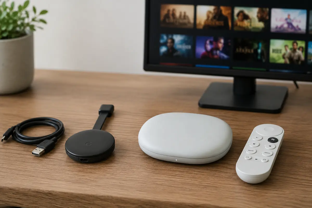 Um recetor Cast antigo ao lado de um dispositivo Google TV com comando