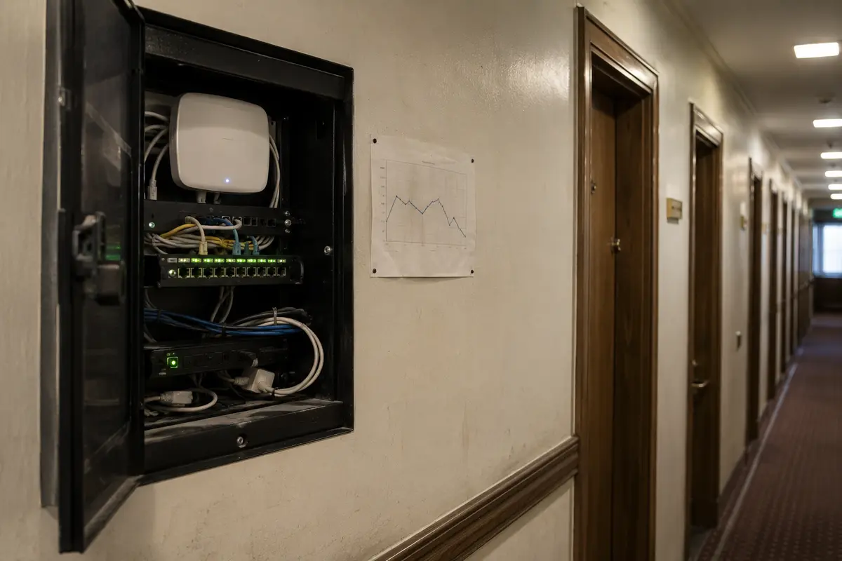 Armário de rede num corredor de hotel com sinal de Wi-Fi variável