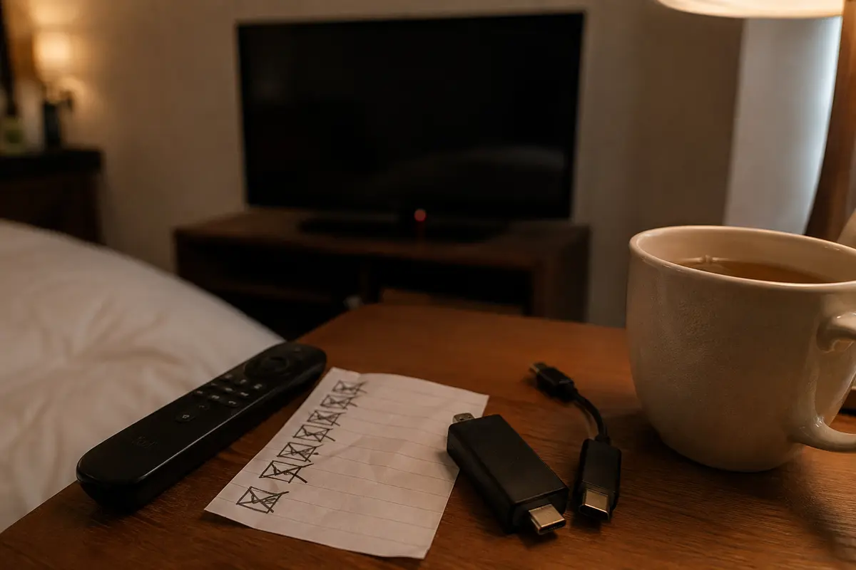 Várias tentativas anotadas numa mesa de hotel ao lado de um comando e adaptador de streaming