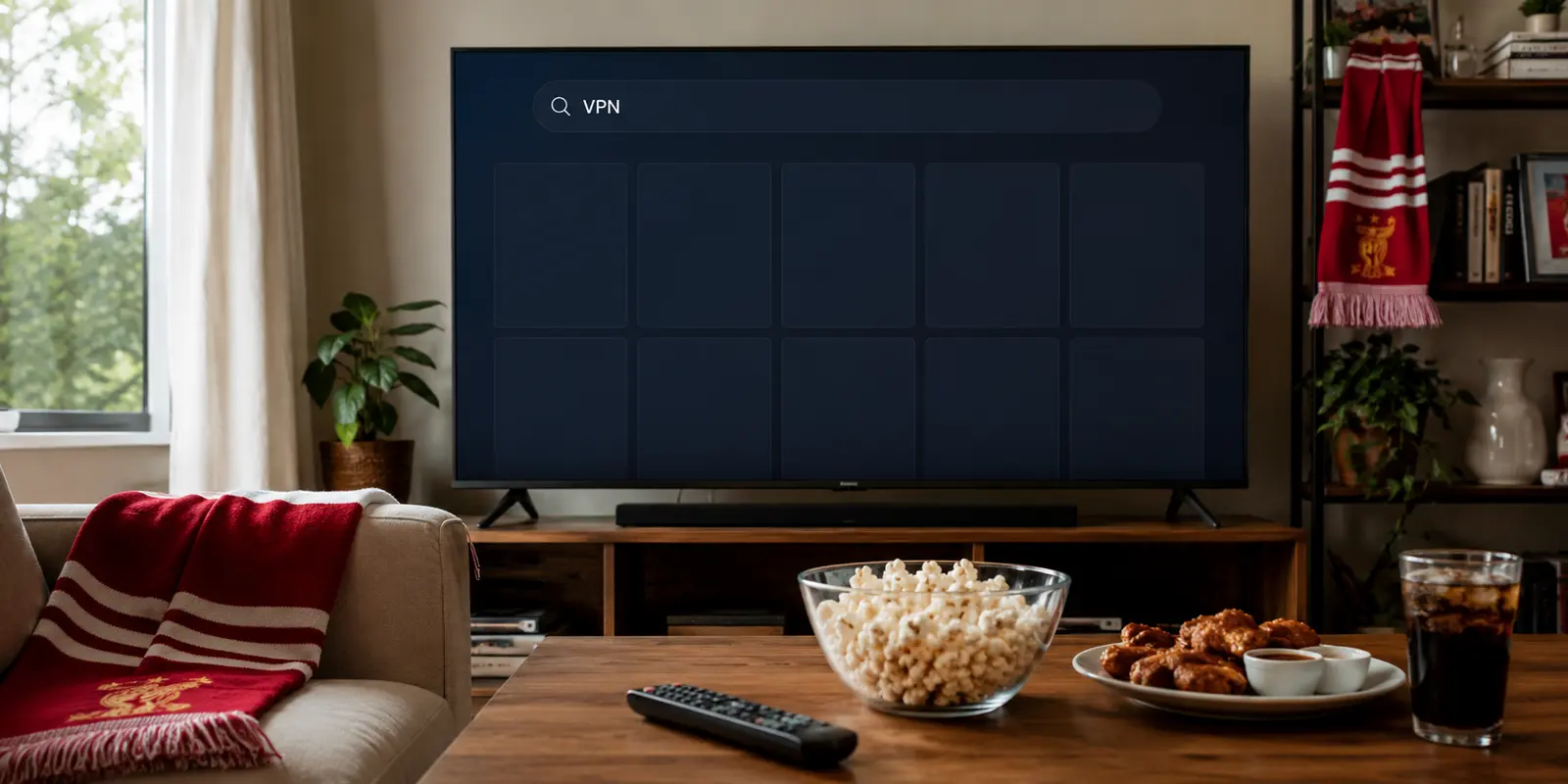 Uma televisão inteligente não encontra qualquer aplicação VPN enquanto o jogo está prestes a começar