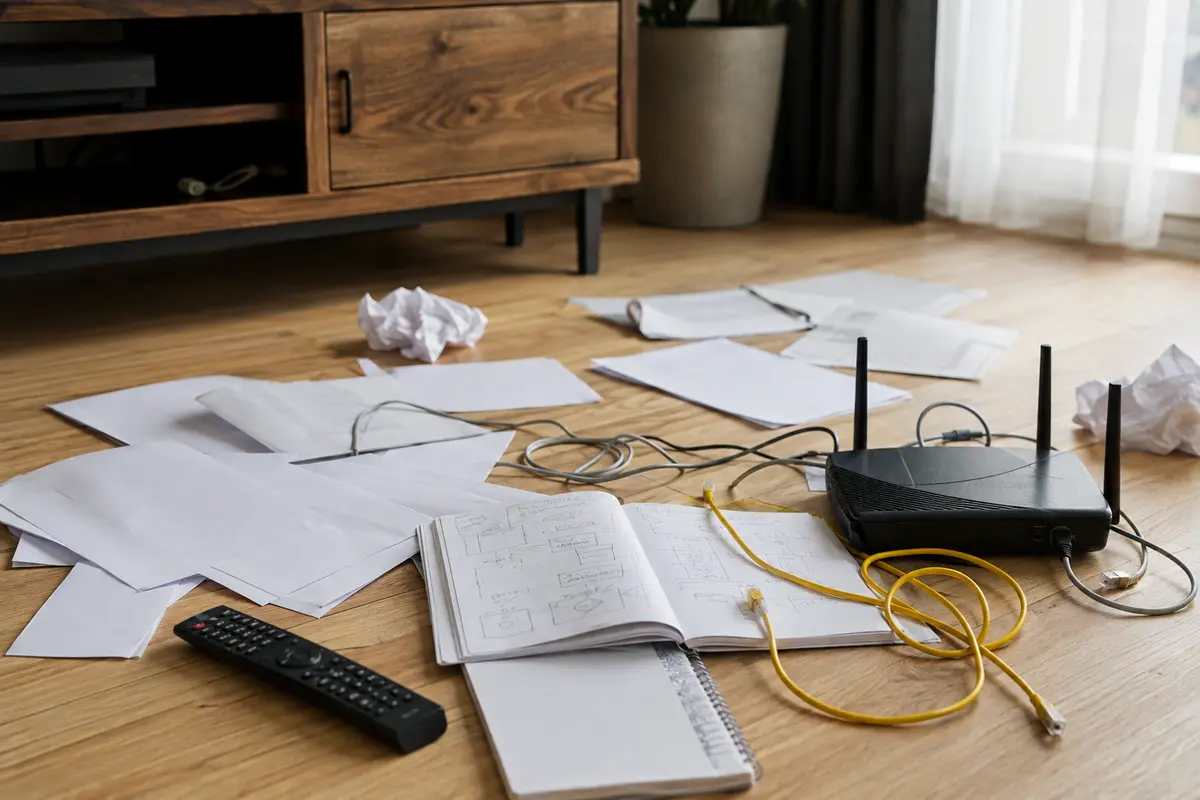 Cabos, router e apontamentos espalhados no chão depois de várias tentativas de configuração