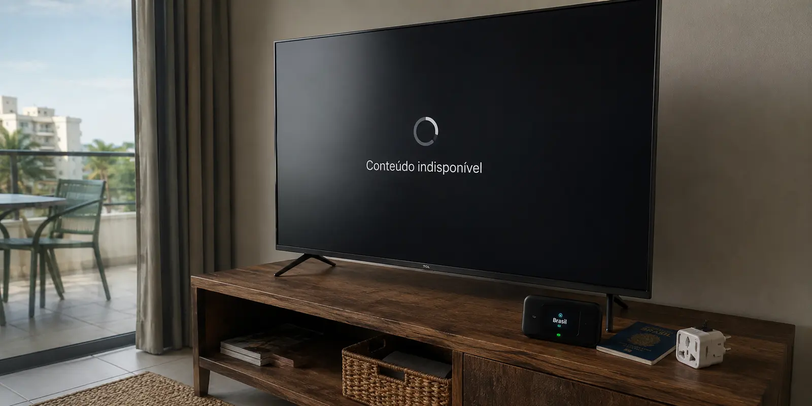 Uma televisão no alojamento continua indisponível apesar de o router de viagem indicar uma ligação ao Brasil