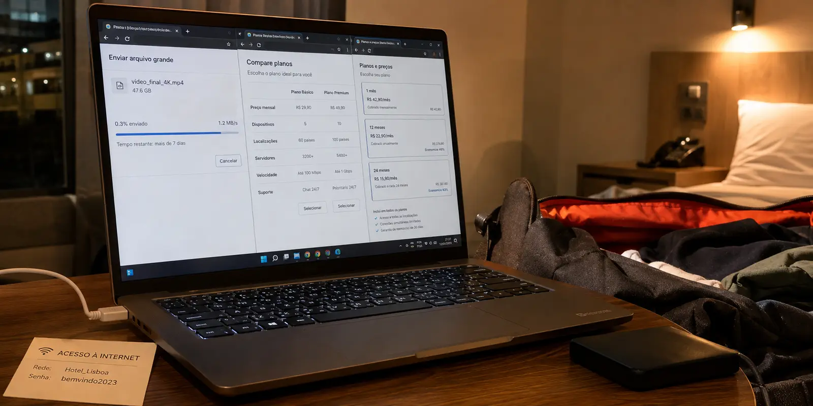 Notebook em um quarto de hotel comparando planos de VPN enquanto um ficheiro quase não avança no envio