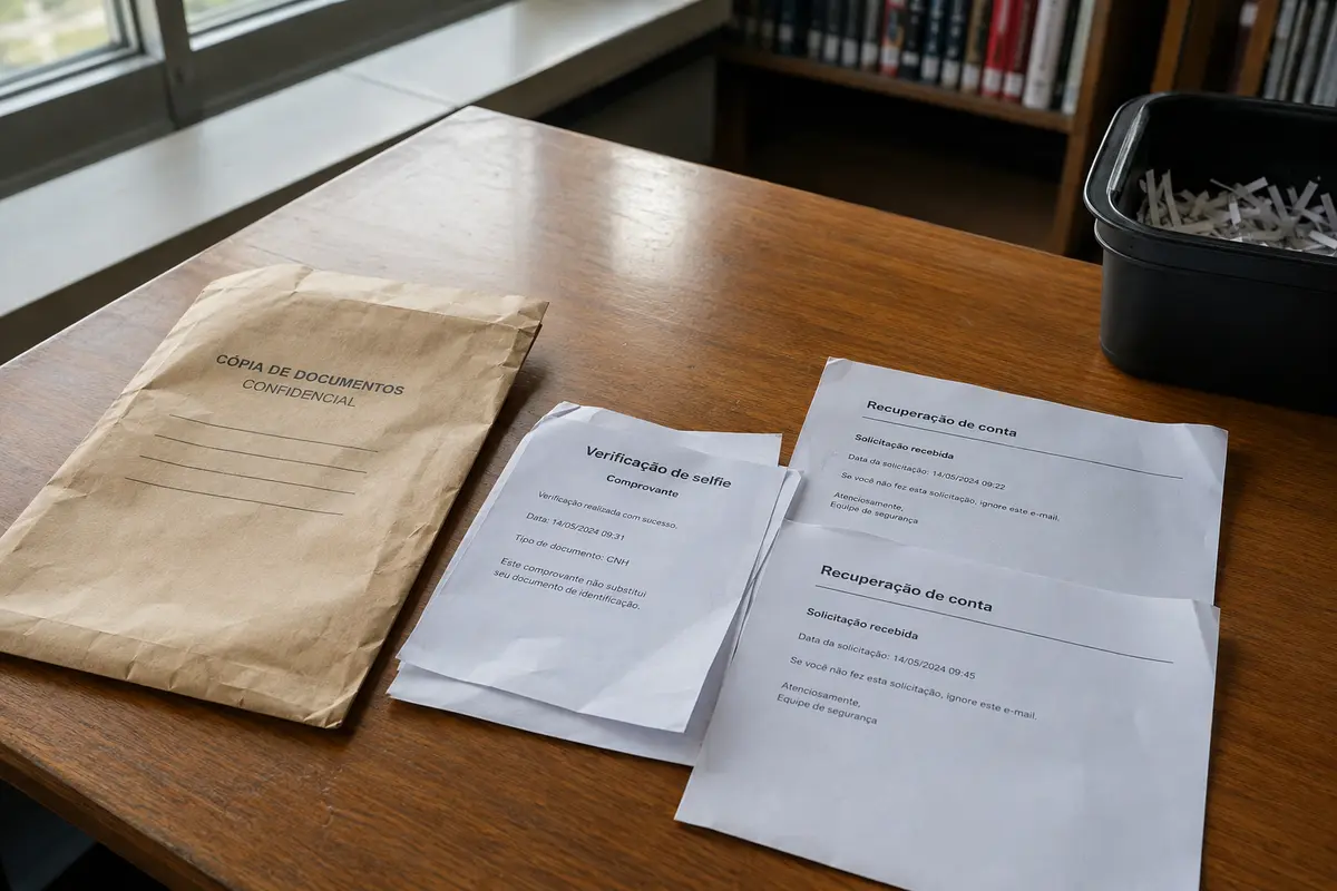 Cópias de documentos, comprovante de selfie e avisos de recuperação de conta sobre uma mesa