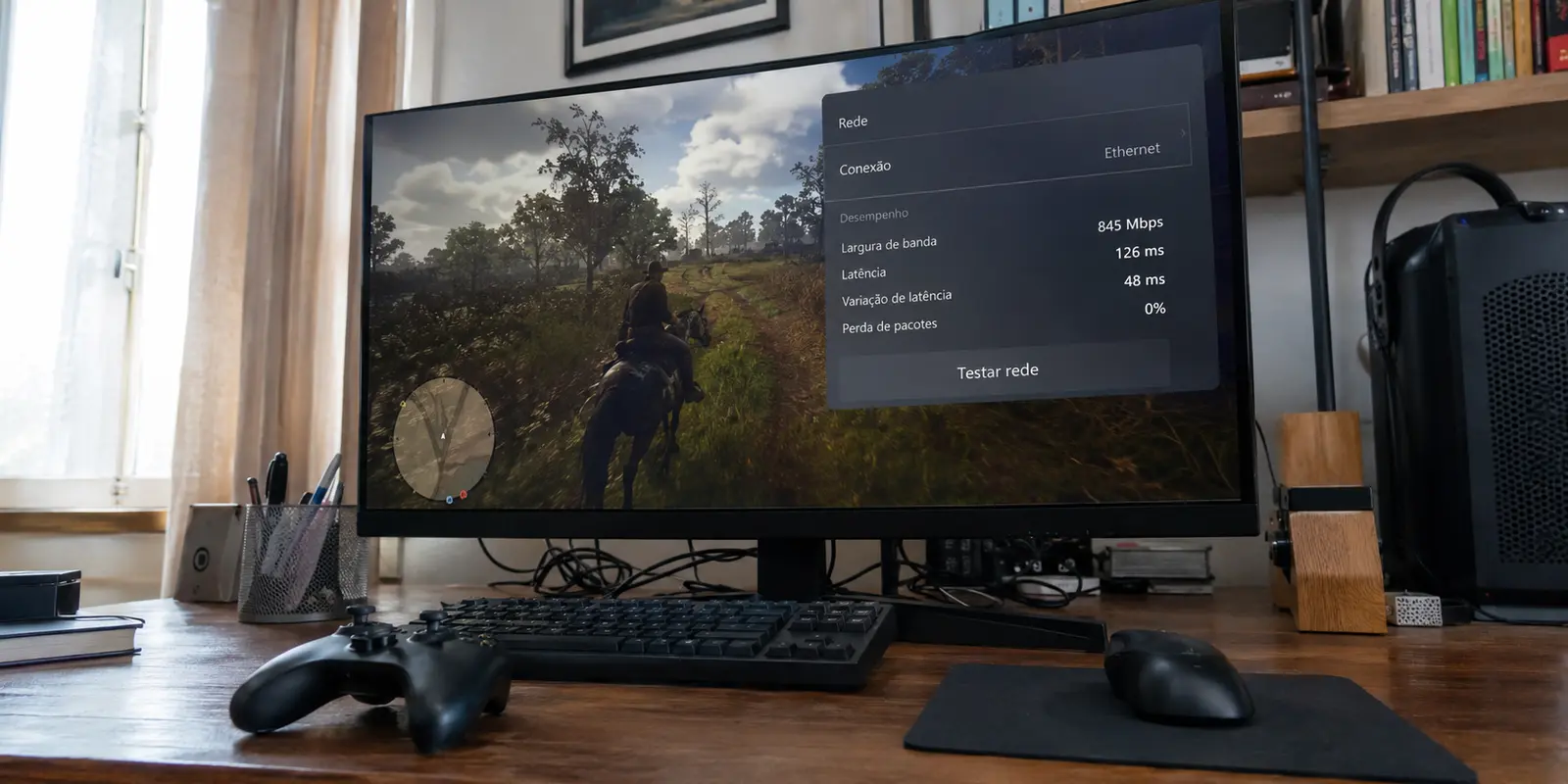 Jogo em nuvem com largura de banda alta, mas latência e variação elevadas no painel de rede