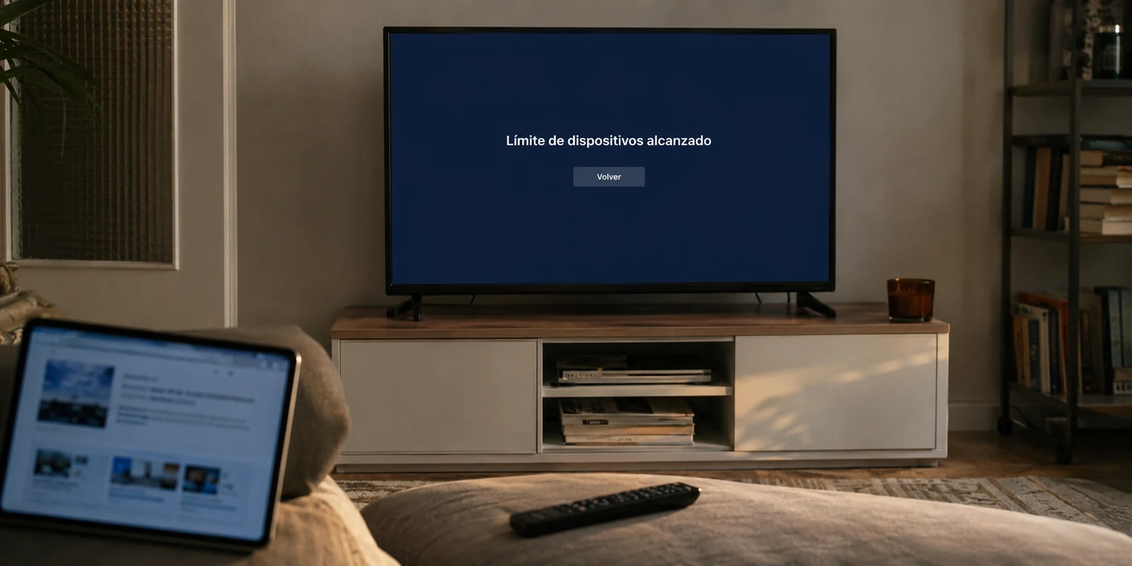 Un televisor muestra que se ha alcanzado el límite de dispositivos mientras una tableta sigue en uso.