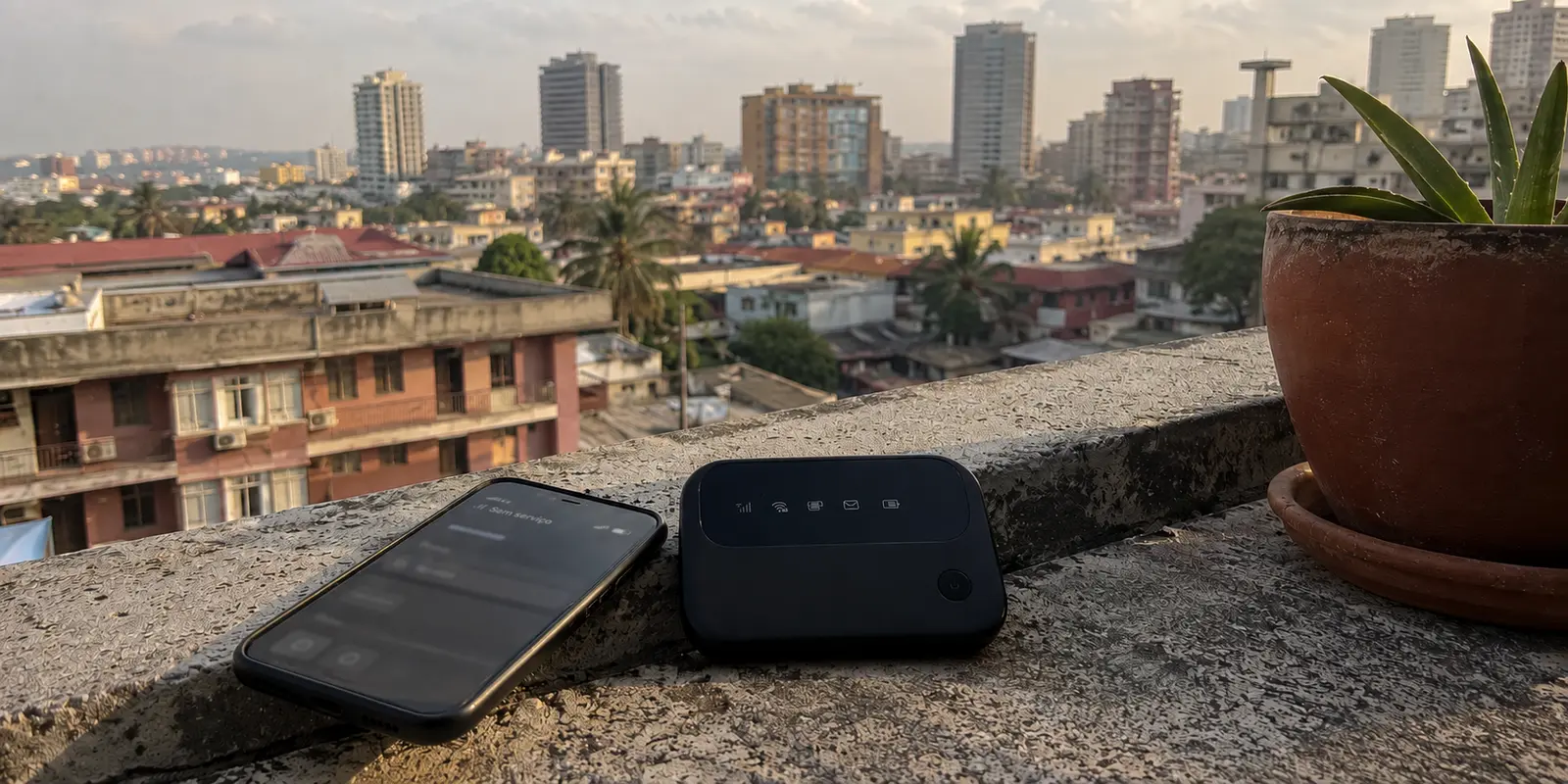 Telefone sem serviço móvel e hotspot portátil diante da paisagem urbana de Luanda