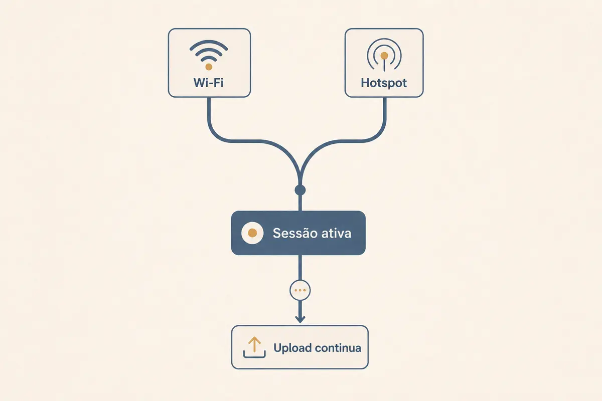 Diagrama em que Wi-Fi e hotspot convergem para uma sessão ativa e um upload contínuo