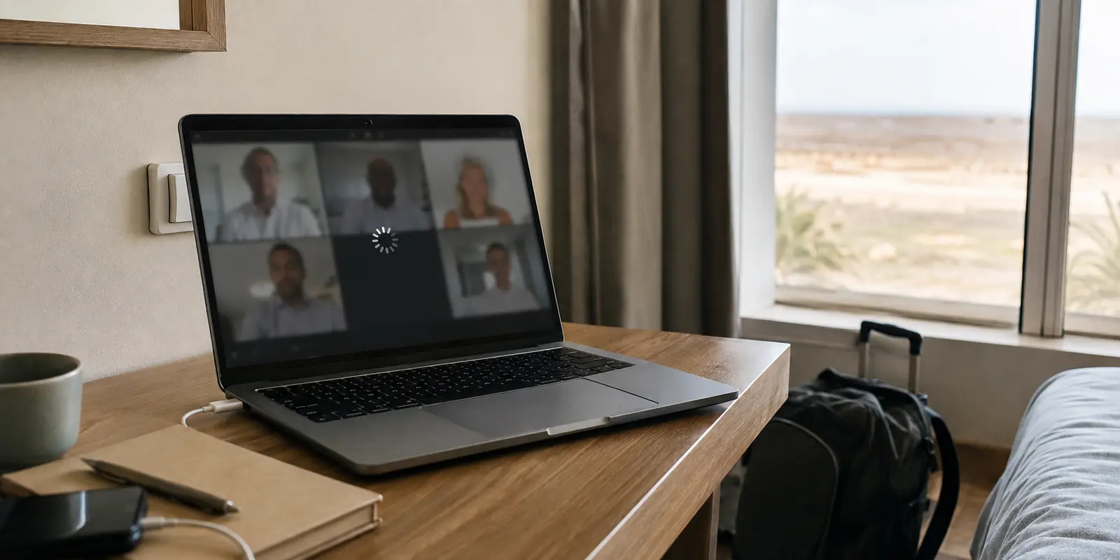 Notebook em um quarto de hotel em Cabo Verde com uma videochamada interrompida na tela