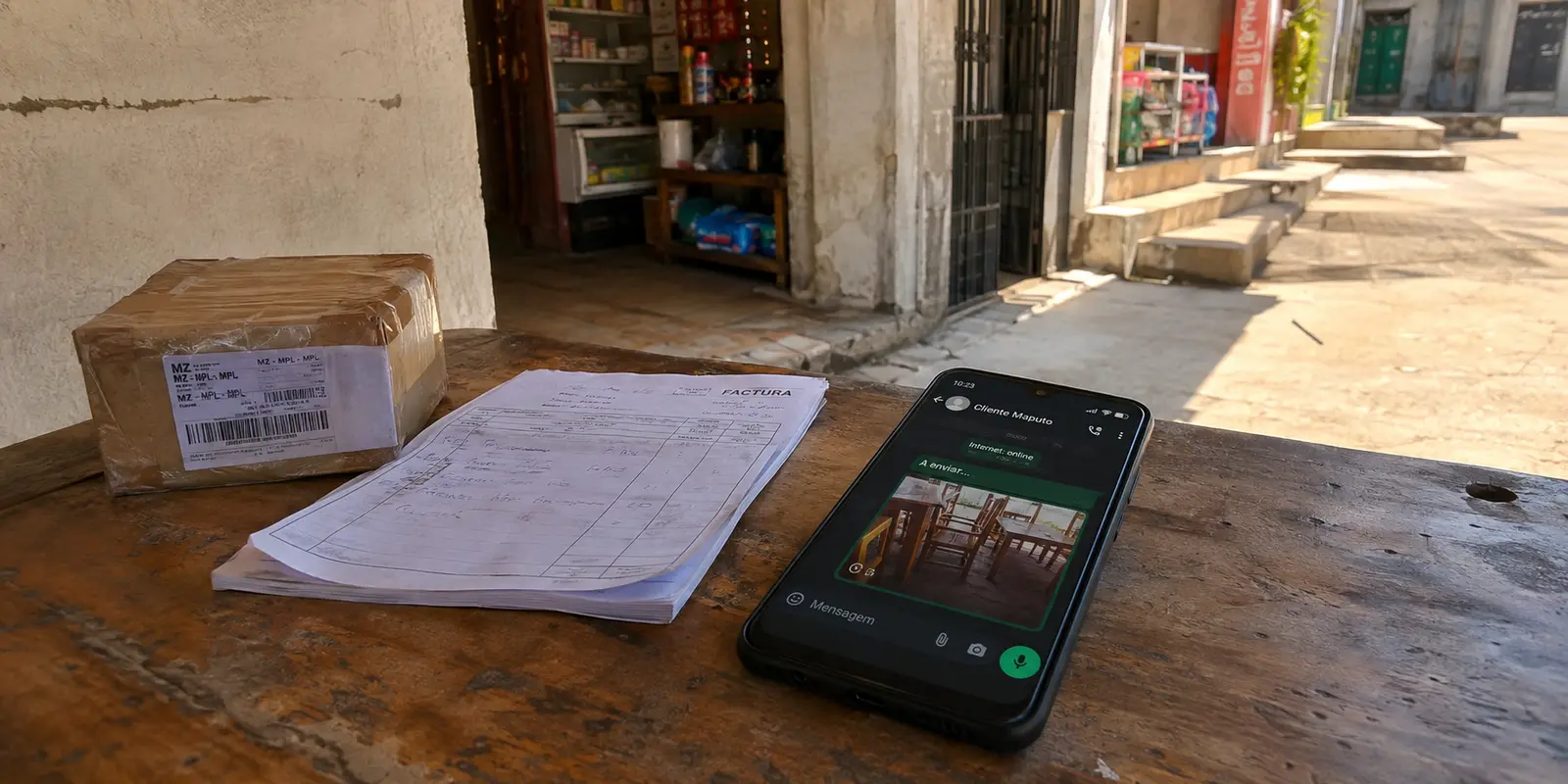 Telemóvel numa mesa de trabalho em Maputo com uma fotografia ainda por enviar no WhatsApp