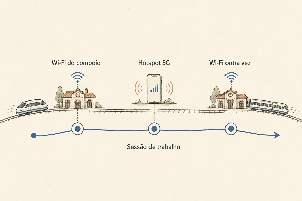 A mesma sessão de trabalho atravessa o Wi-Fi do comboio, o hotspot 5G e o Wi-Fi novamente