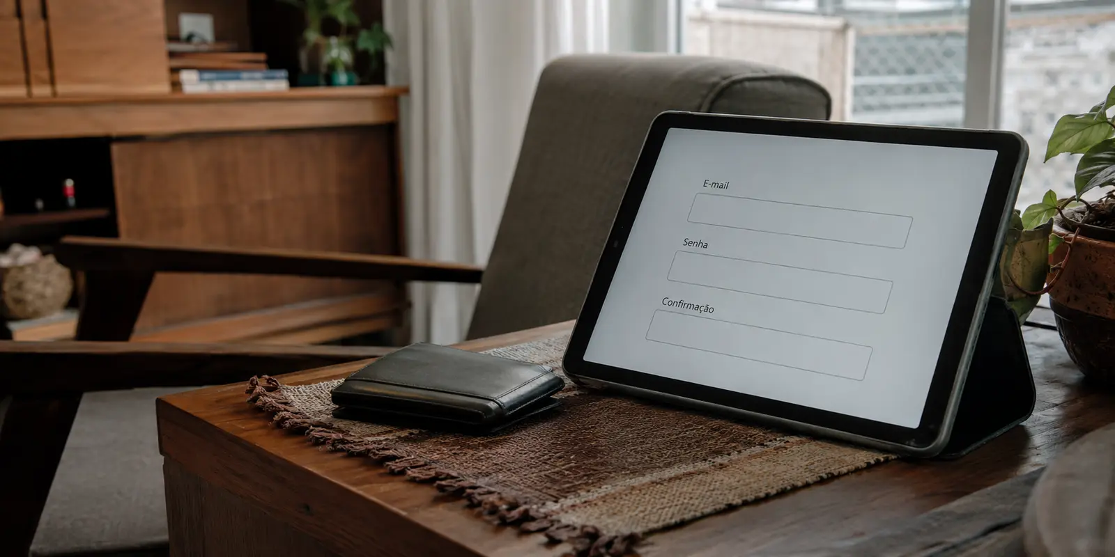 Tablet com campos de e-mail, senha e confirmação ao lado de uma carteira numa sala brasileira