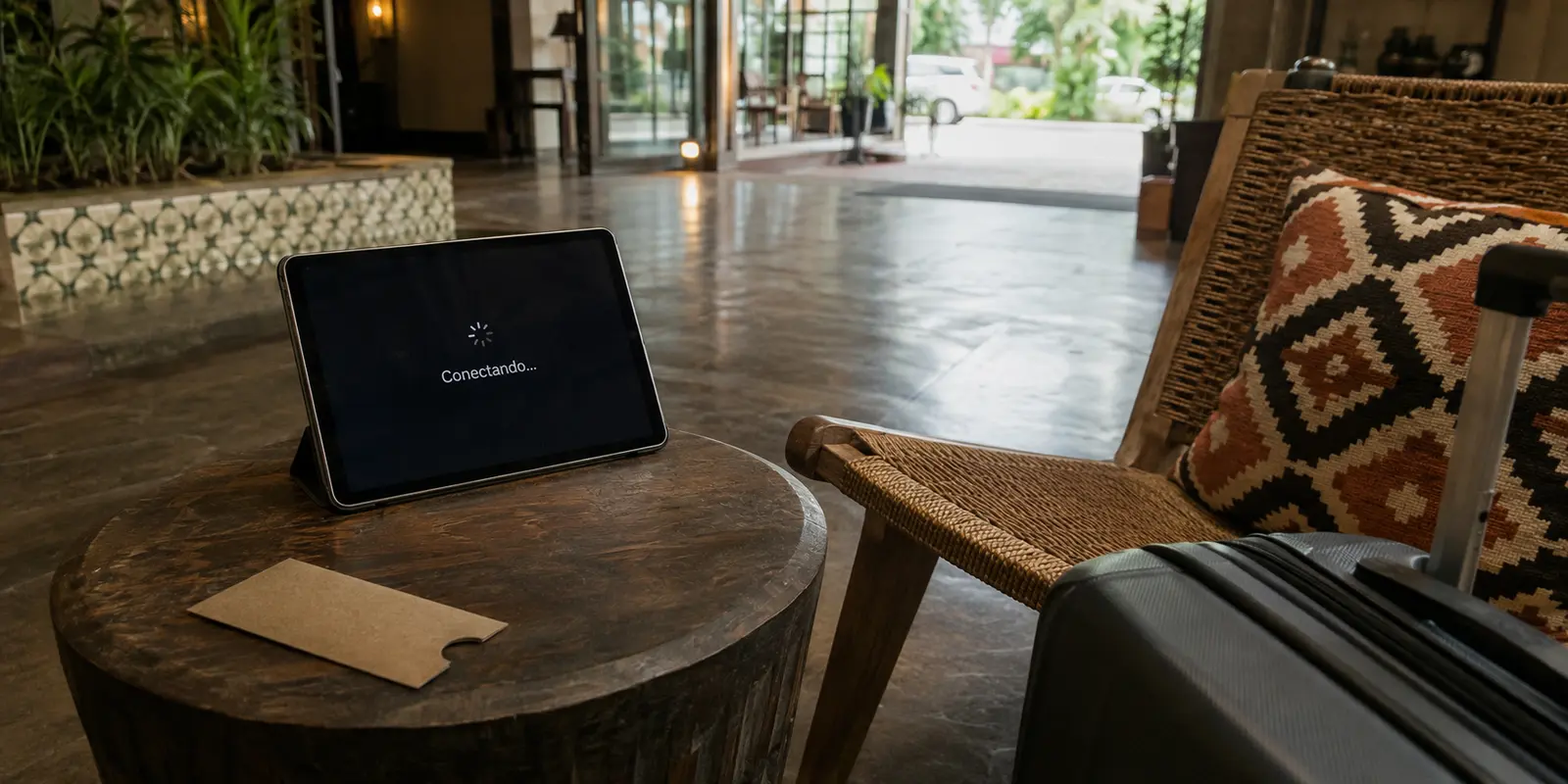 Tablet no saguão de um hotel em Maputo com a ligação VPN parada em Conectando