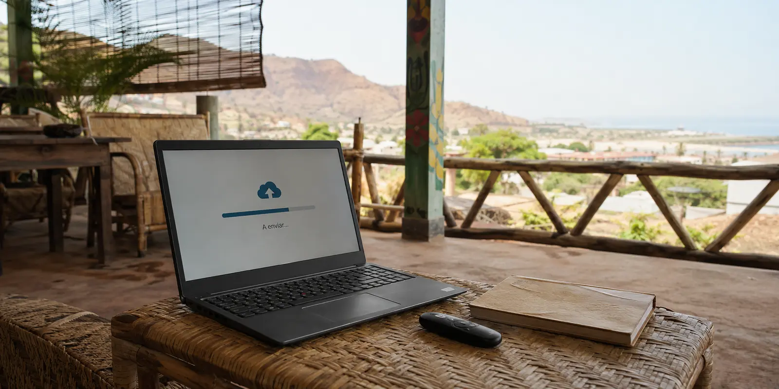 Notebook com upload interrompido numa varanda aberta em Díli, diante das colinas costeiras