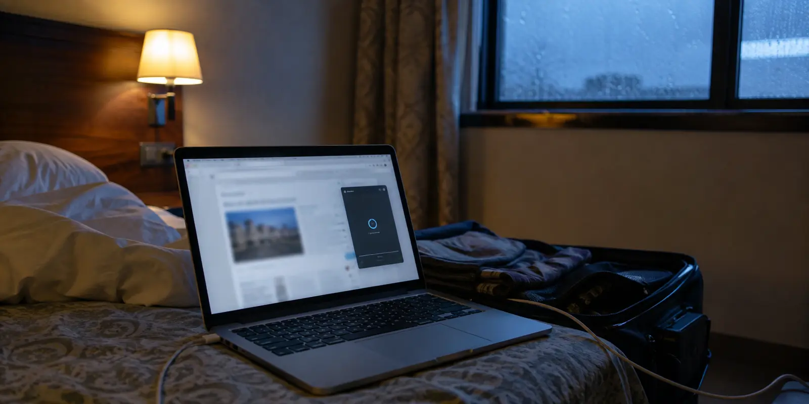 Notebook em um quarto de hotel em Malabo com a VPN ainda tentando estabelecer conexão