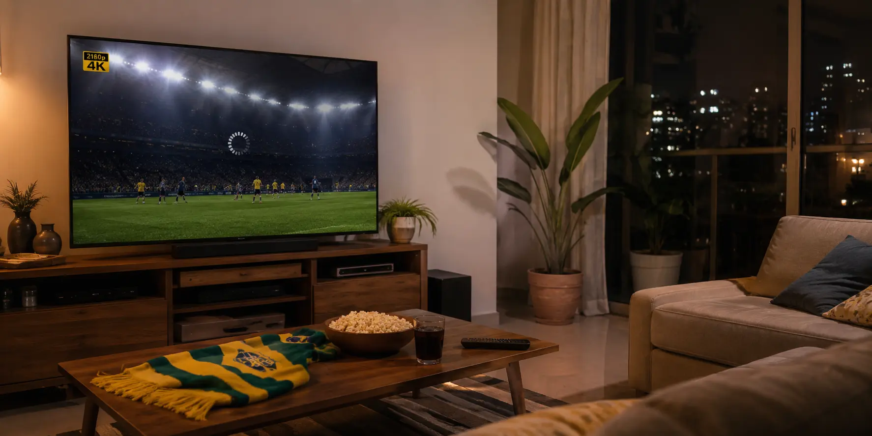 Sala brasileira com jogo de futebol ao vivo na televisão e sinais de carregamento