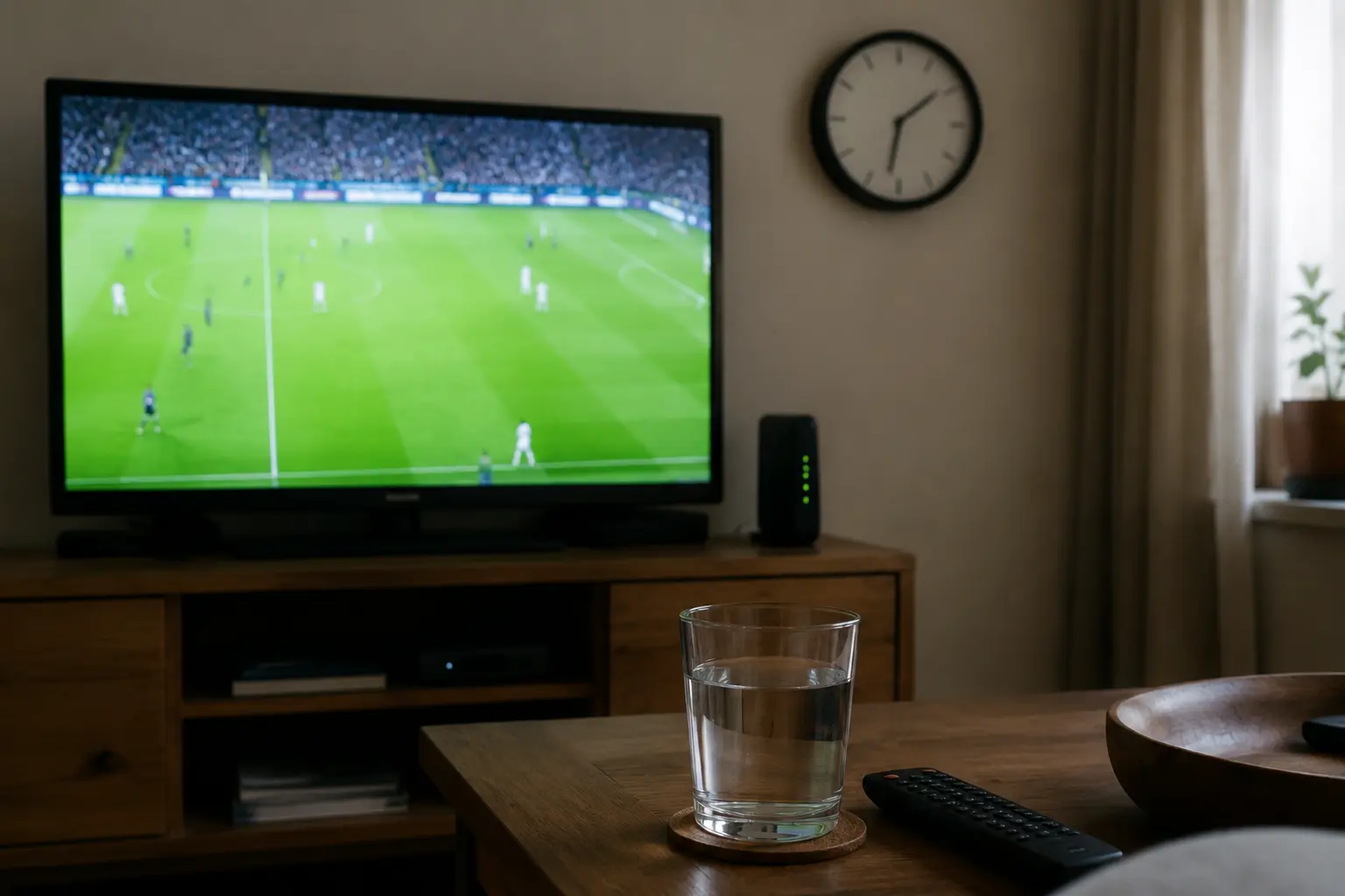 Televisão exibindo um campo de futebol ao lado de controle remoto e copo de água