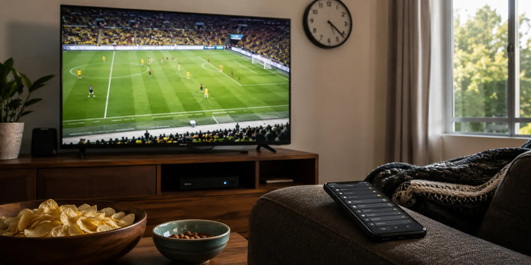 Sala de estar preparada para assistir a um jogo com televisão e relógio próximos do início