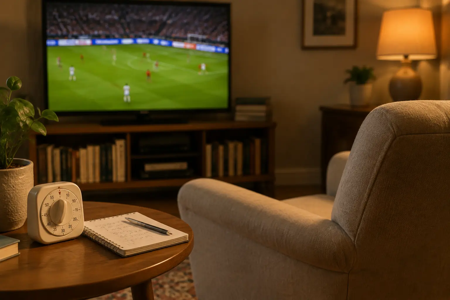 Televisão com partida em andamento, poltrona vazia e relógio sobre a mesa