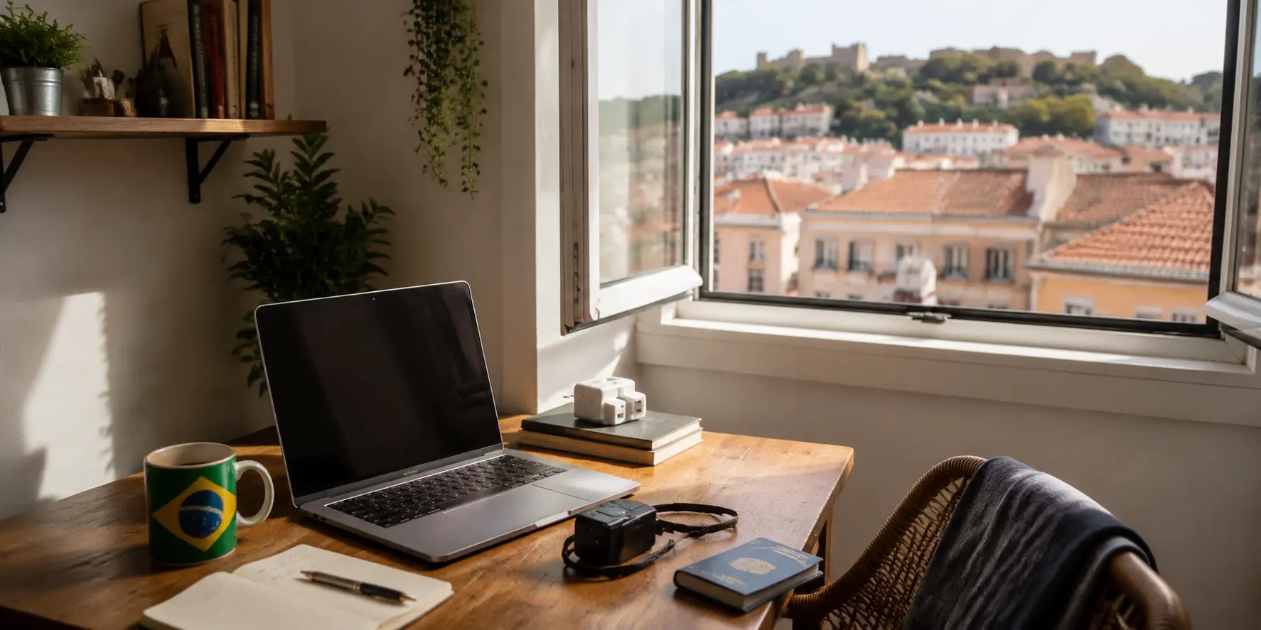 Espaço de trabalho em Portugal com laptop e vista de telhados enquanto se acessam serviços brasileiros