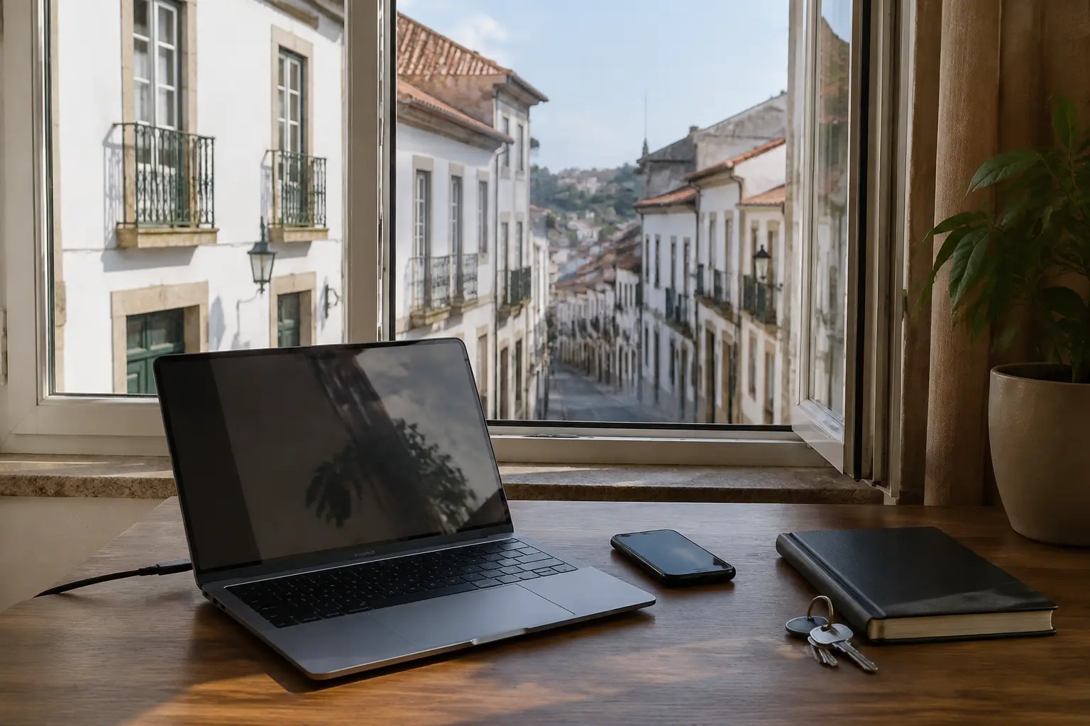 Laptop conectado e telefone compartilhando hotspot em uma mesa diante de uma rua portuguesa