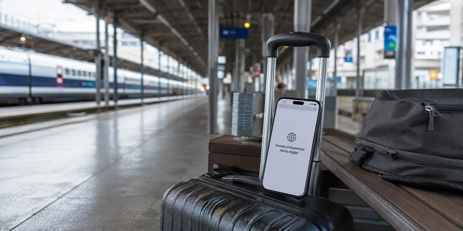Telefone com 5G e acesso regional indisponível apoiado em uma mala numa estação europeia