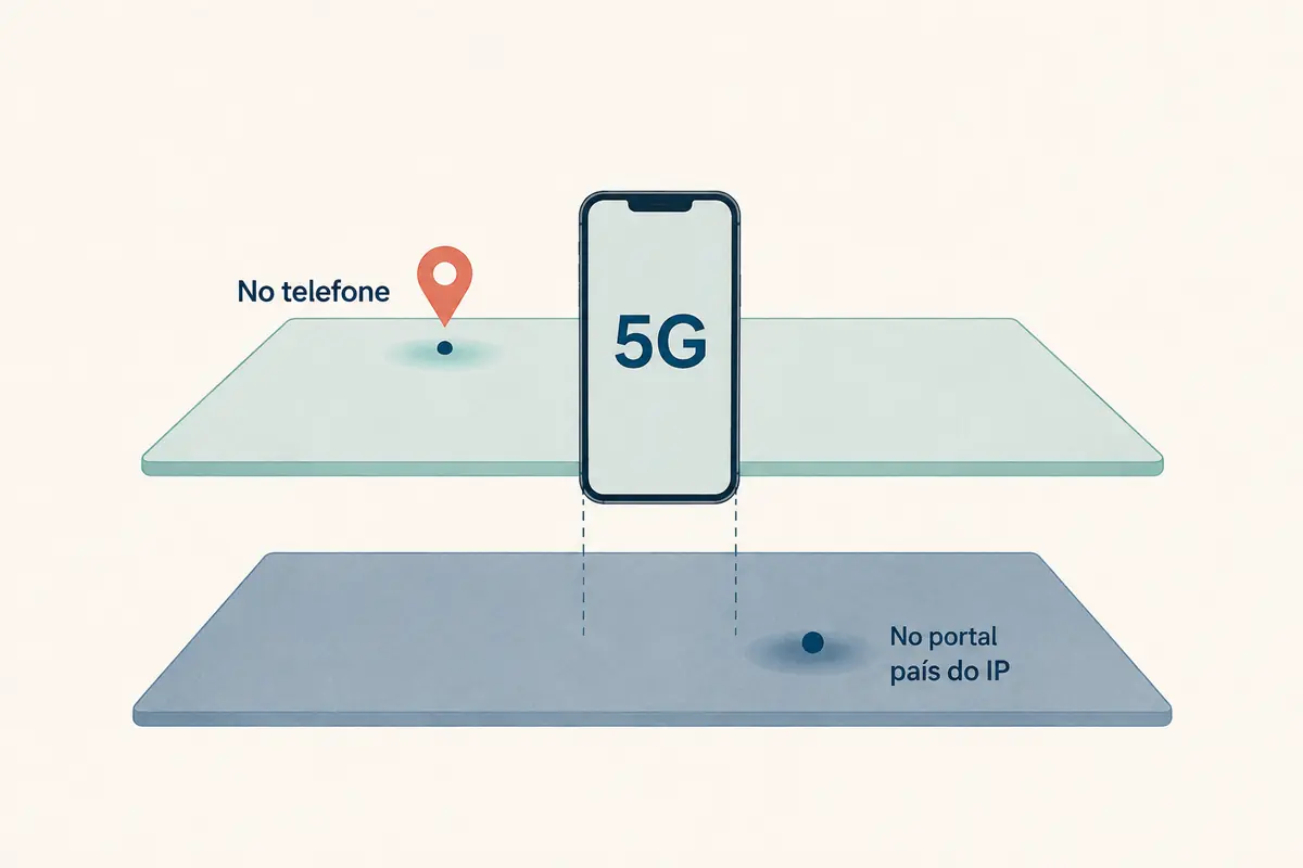 Diagrama em duas camadas que separa o 5G visto no telefone do país associado ao IP visto pelo portal