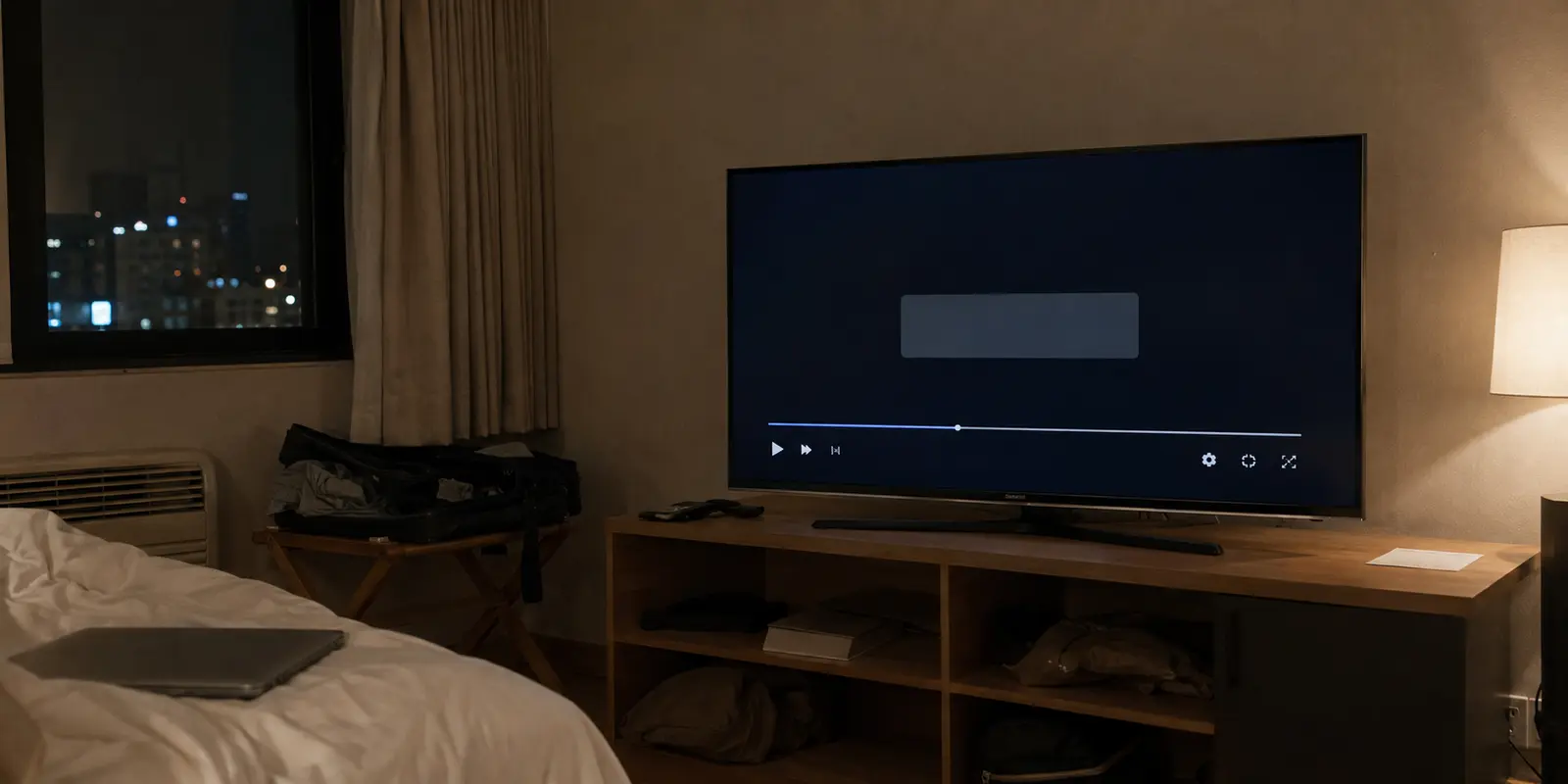 Televisão de quarto de hotel com a reprodução de um vídeo interrompida durante o uso de uma VPN