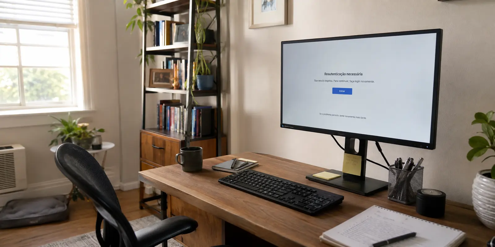 Escritório doméstico nos Estados Unidos com monitor pedindo nova autenticação em português