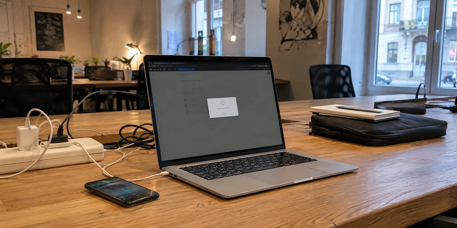 Notebook com uma sessão de internet banking interrompida em uma mesa de coworking no exterior