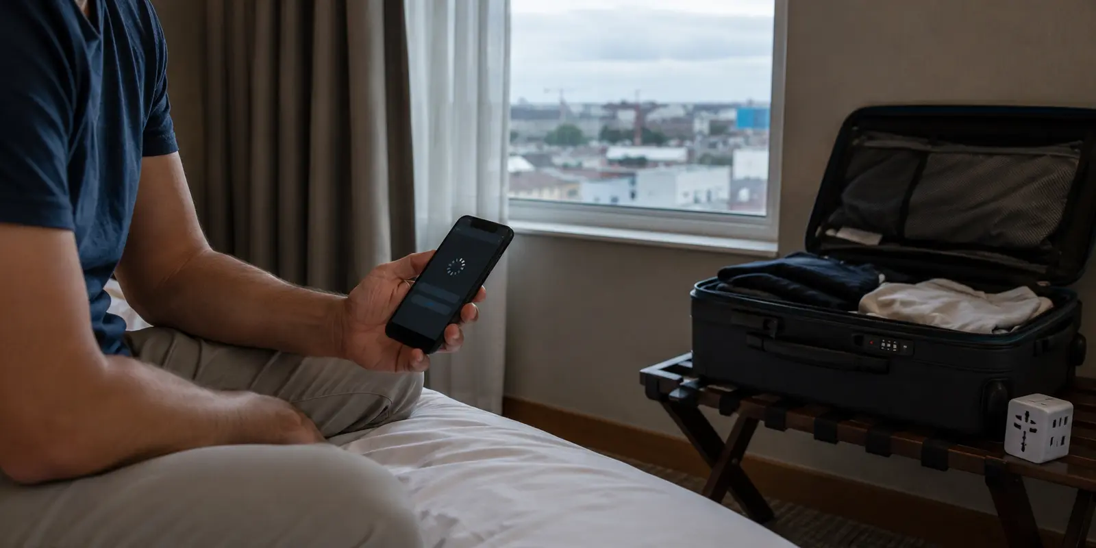 Viajante tenta concluir uma operação bancária no celular enquanto espera em um quarto de hotel no exterior