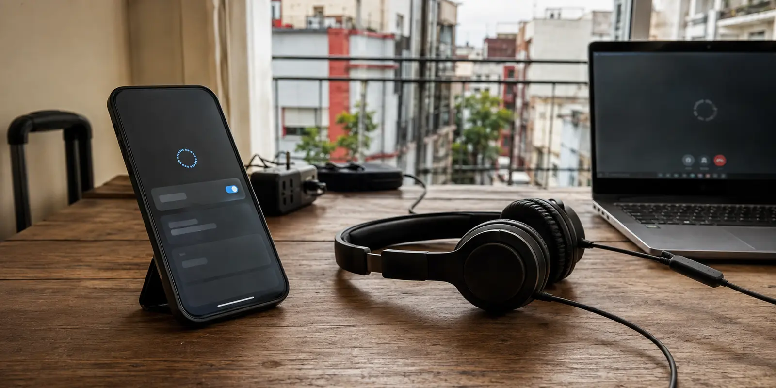 Celular reconectando ao hotspot ao lado de um headset pronto para uma reunião, com o notebook ao fundo em uma hospedagem temporária no México