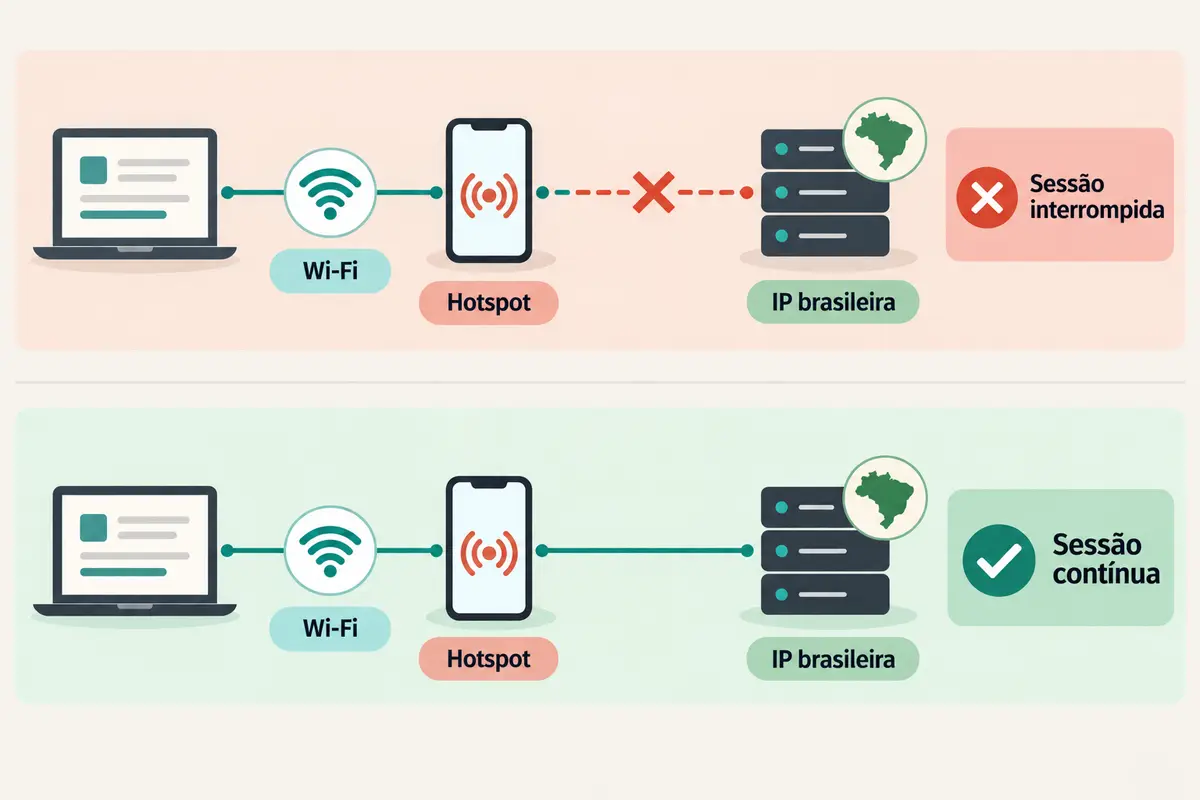 Comparação entre uma troca de Wi-Fi para hotspot que interrompe a sessão e outra que mantém a sessão de trabalho contínua