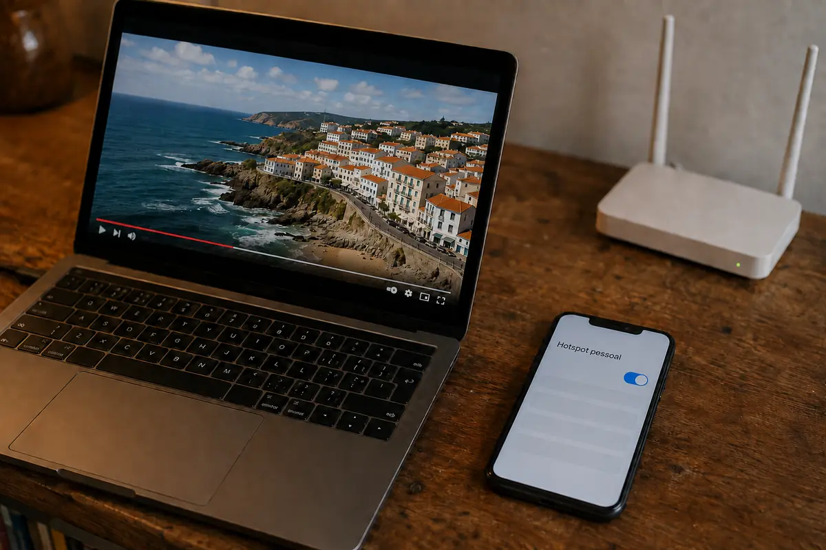 Notebook reproduzindo um vídeo português ao lado de um telefone com hotspot pessoal ativo