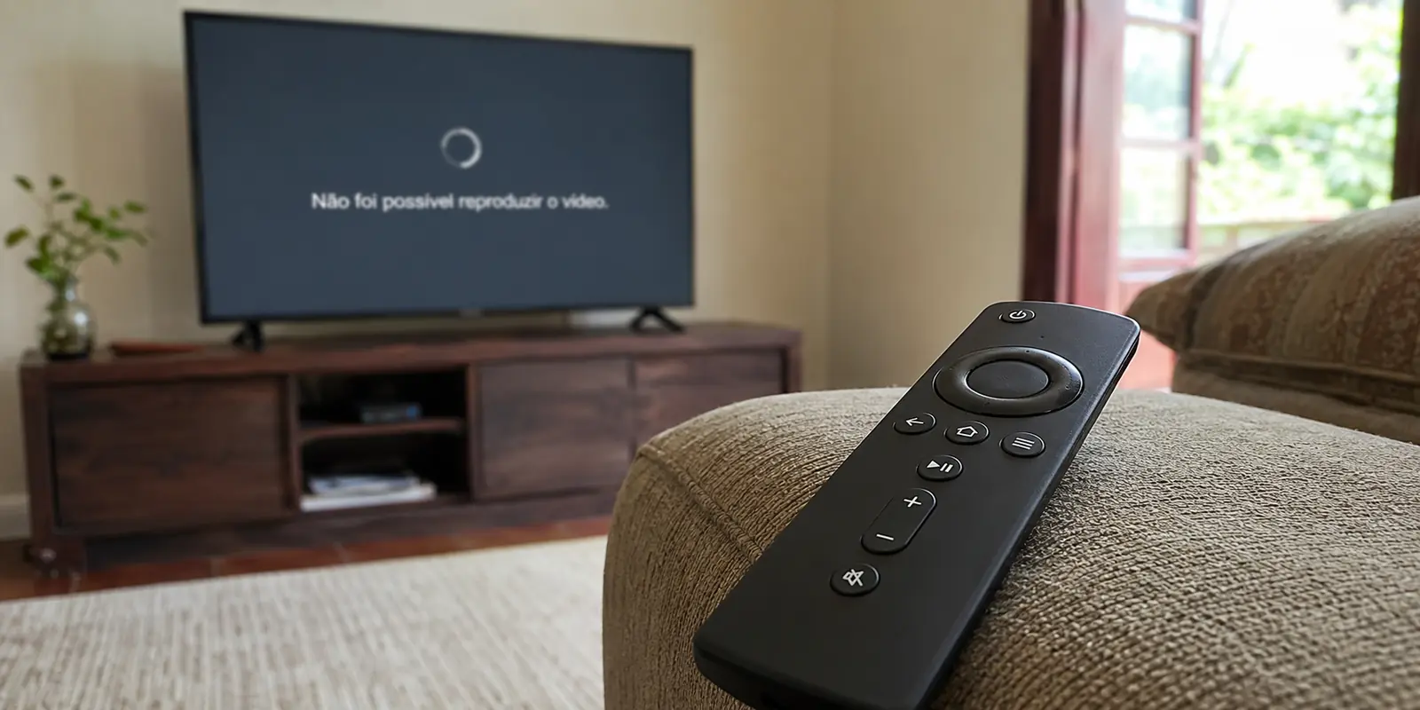 Controle remoto em primeiro plano diante de uma televisão com falha de reprodução em português