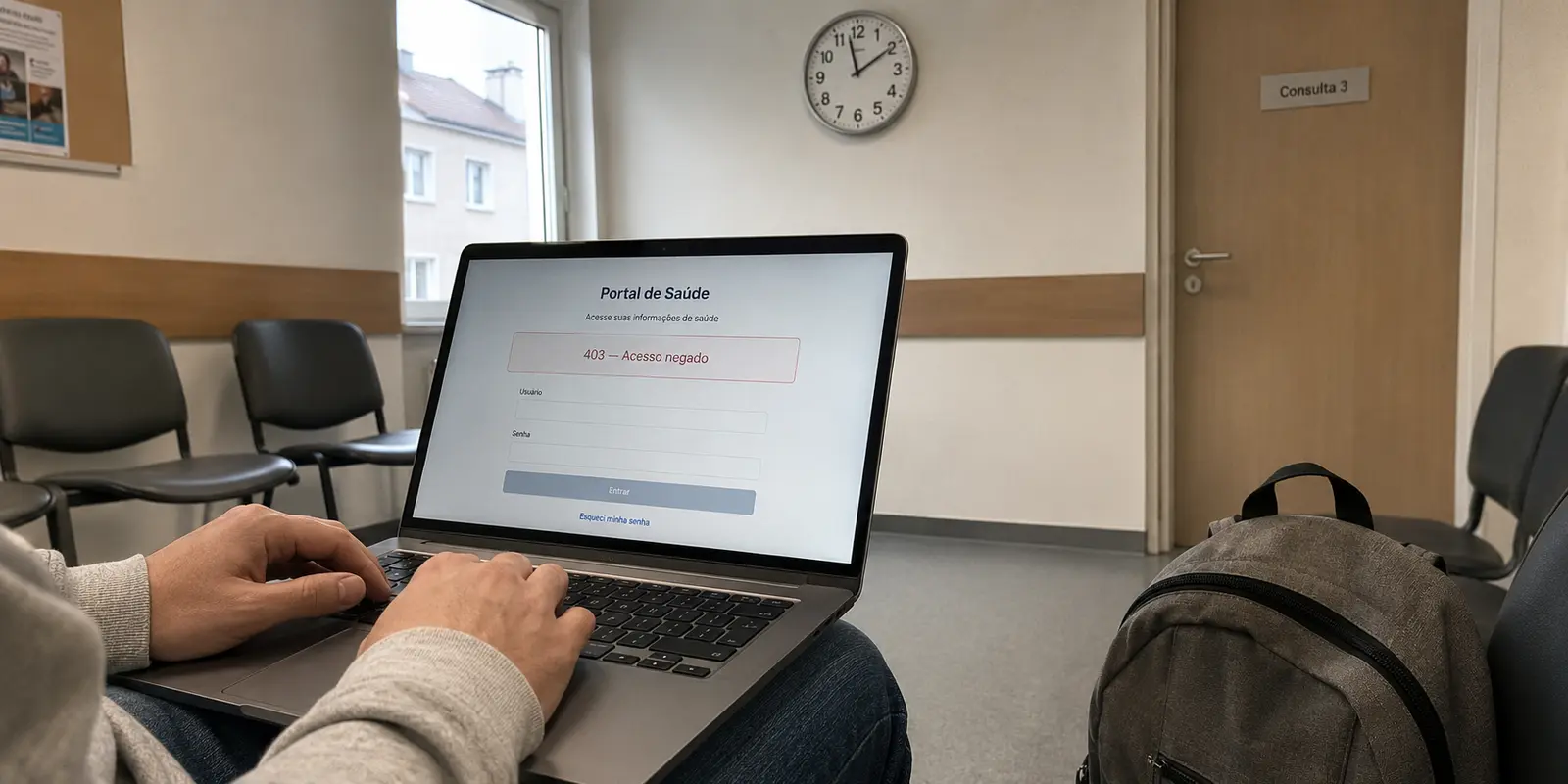 Numa sala de espera no exterior, um notebook mostra o erro « 403 — Acesso negado » ao tentar entrar num portal de saúde brasileiro