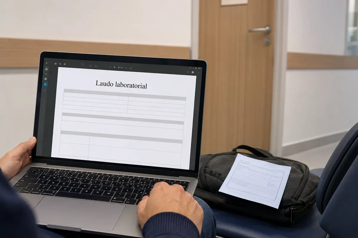 O laudo laboratorial genérico já está aberto no notebook pouco antes da consulta, sem qualquer dado pessoal visível