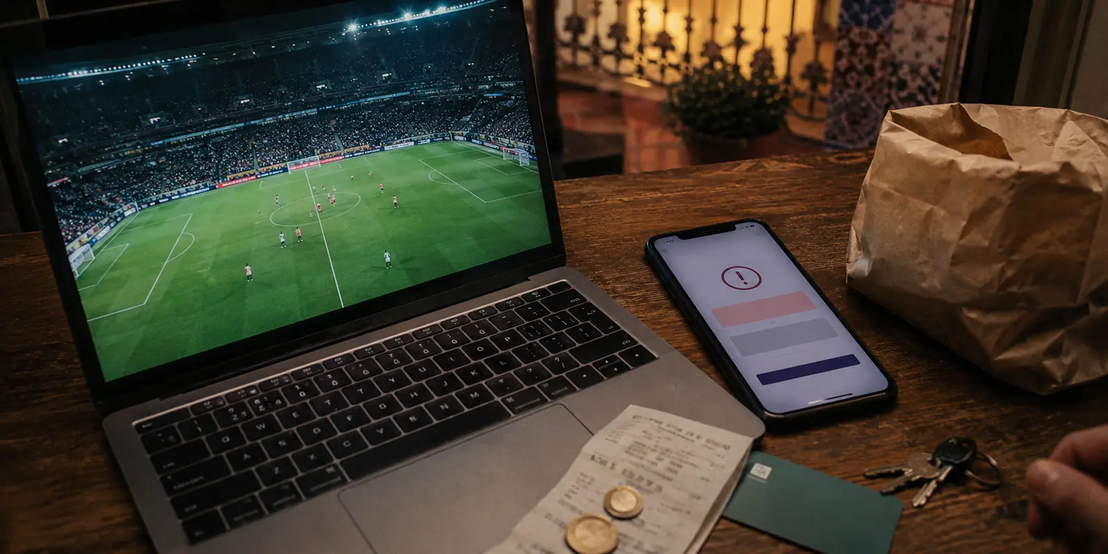 Notebook com uma partida de futebol aberta e celular com alerta de pagamento local sobre uma mesa em Lisboa
