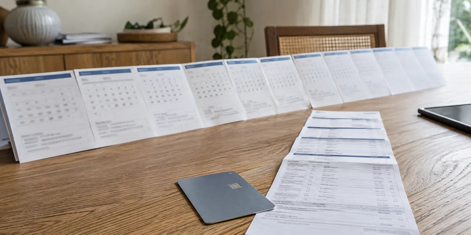 Cartão de crédito intocado ao lado de um resumo de renovação e de vários meses de calendário sobre uma mesa