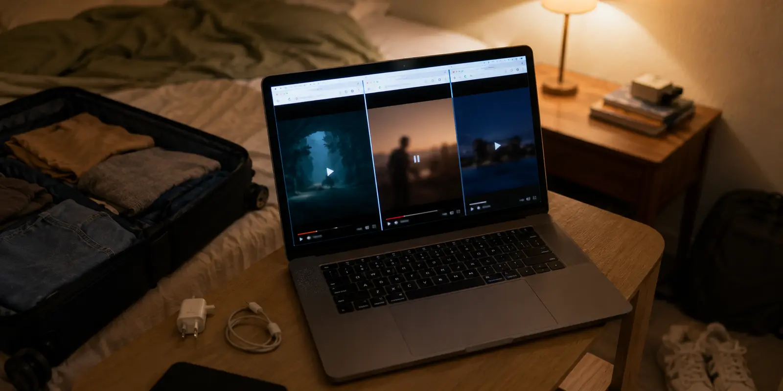 Notebook com três vídeos abertos ao lado de uma mala pronta para a viagem