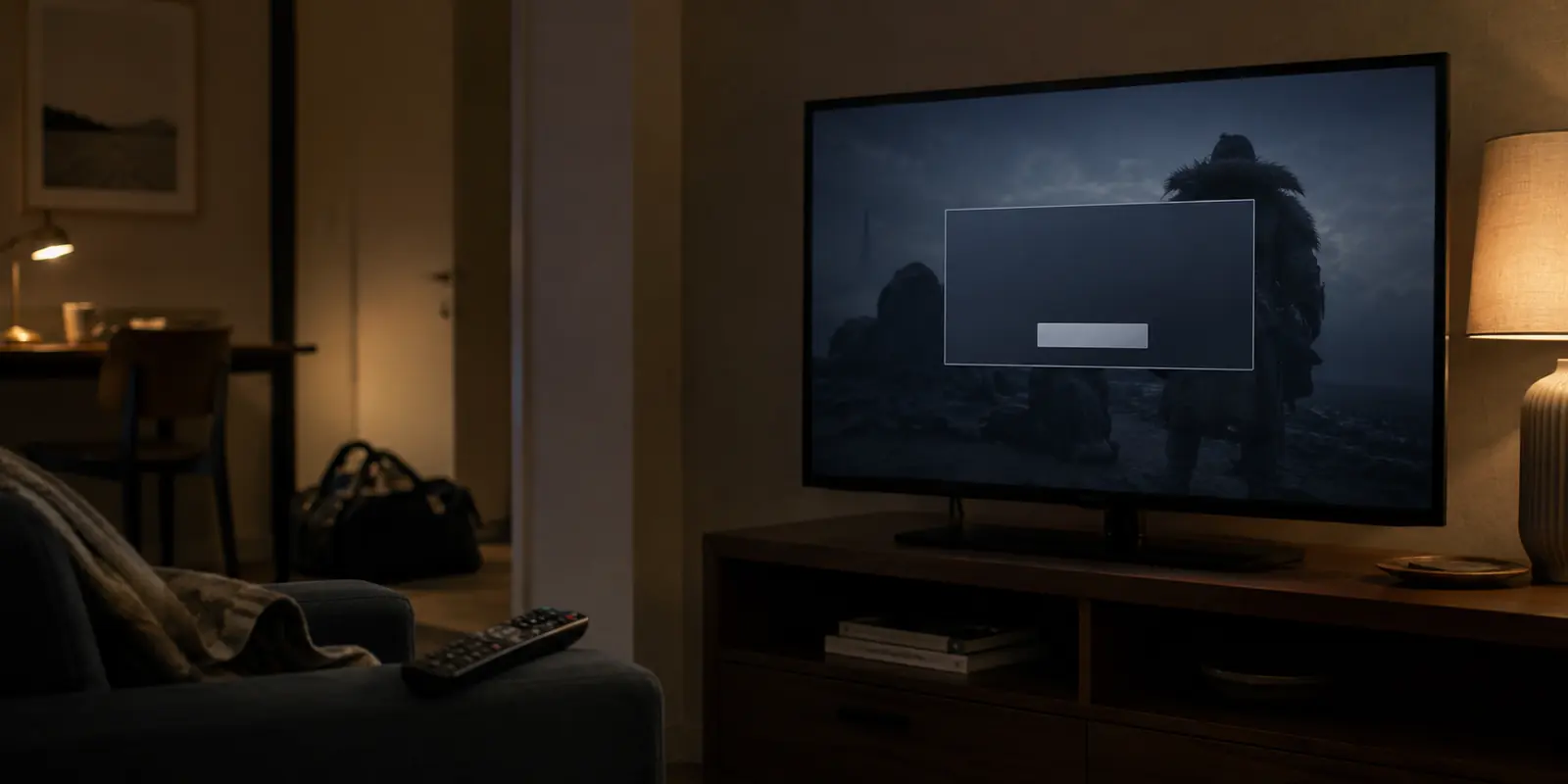 Televisor em um quarto à noite com a reprodução interrompida antes de a série começar