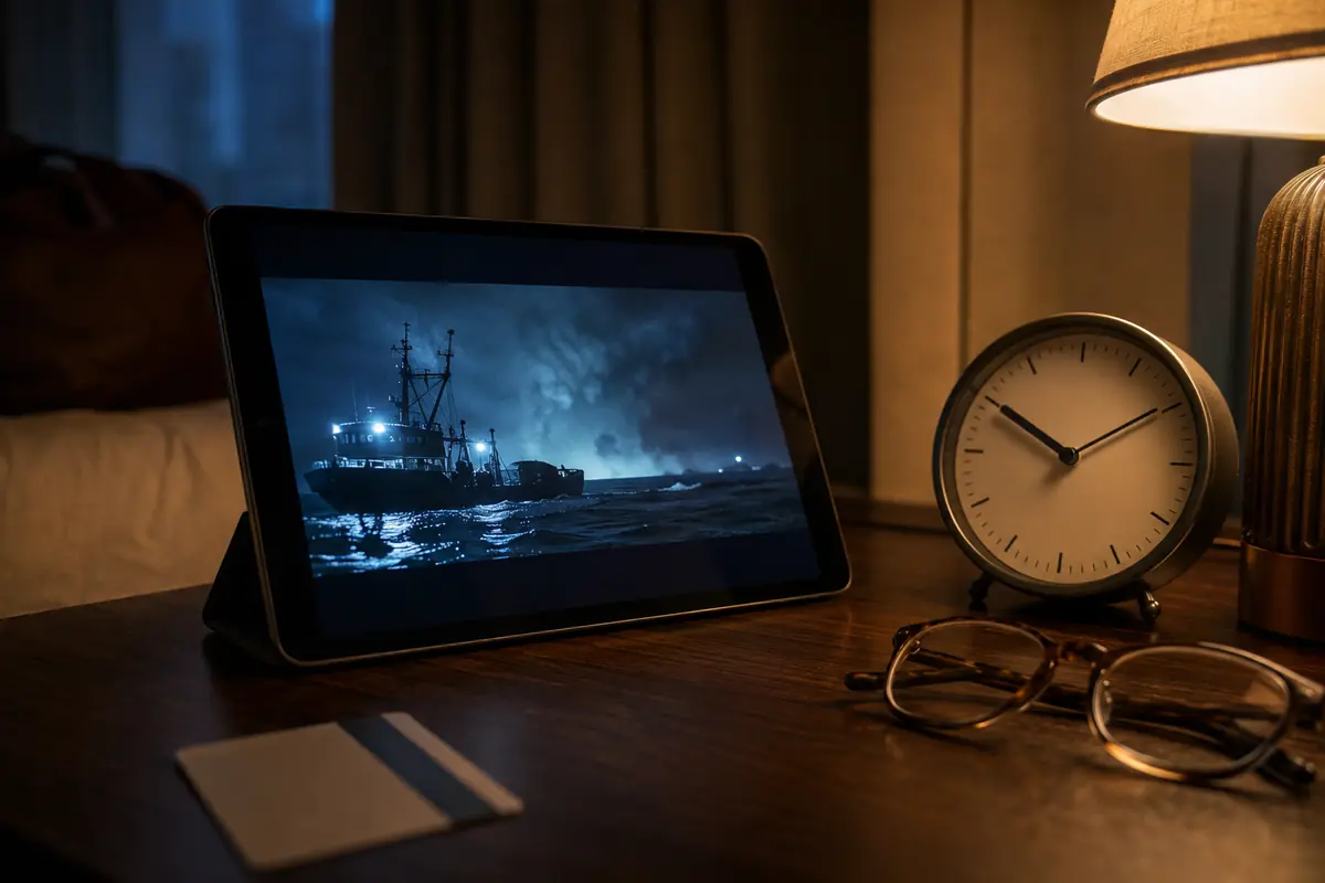 Tablet reproduzindo uma cena ao lado de um relógio, indicando que o vídeo continuou tocando